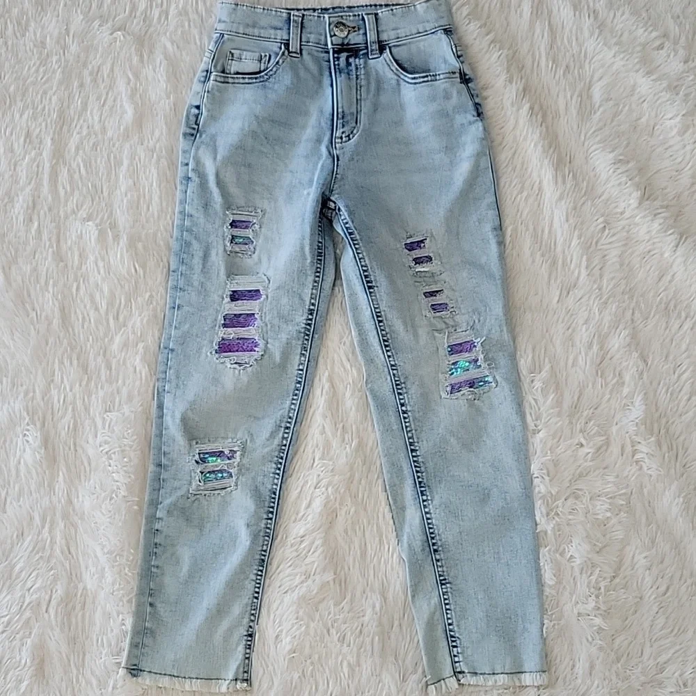 Justice Jeans Bundle 3 Pairs Size 12 Slim Mini Mom Dark, Flippy Sequins, Purple